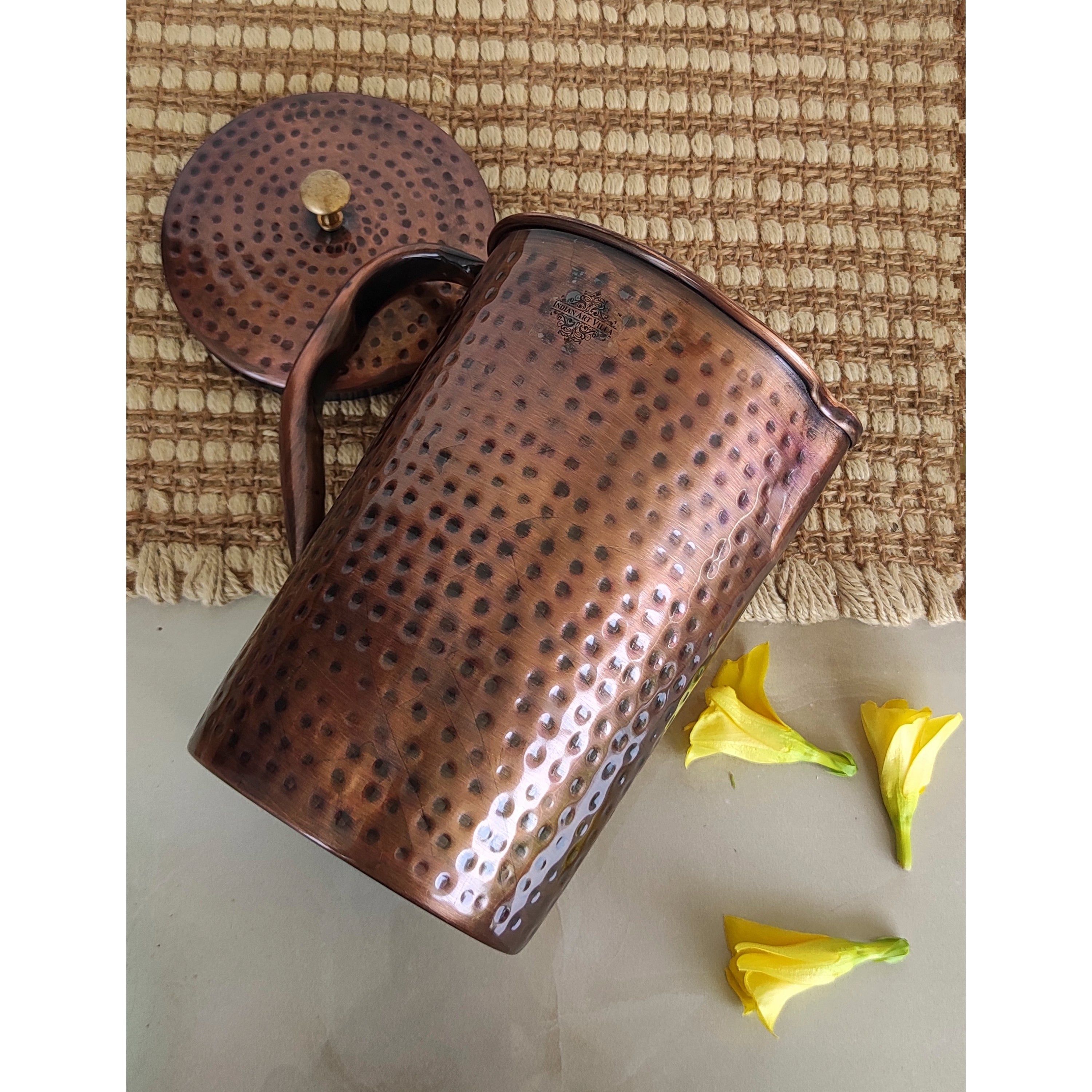 Pure copper hammered antique design jug, pitcher with brass knob on lid dark hammered, 1500 ML